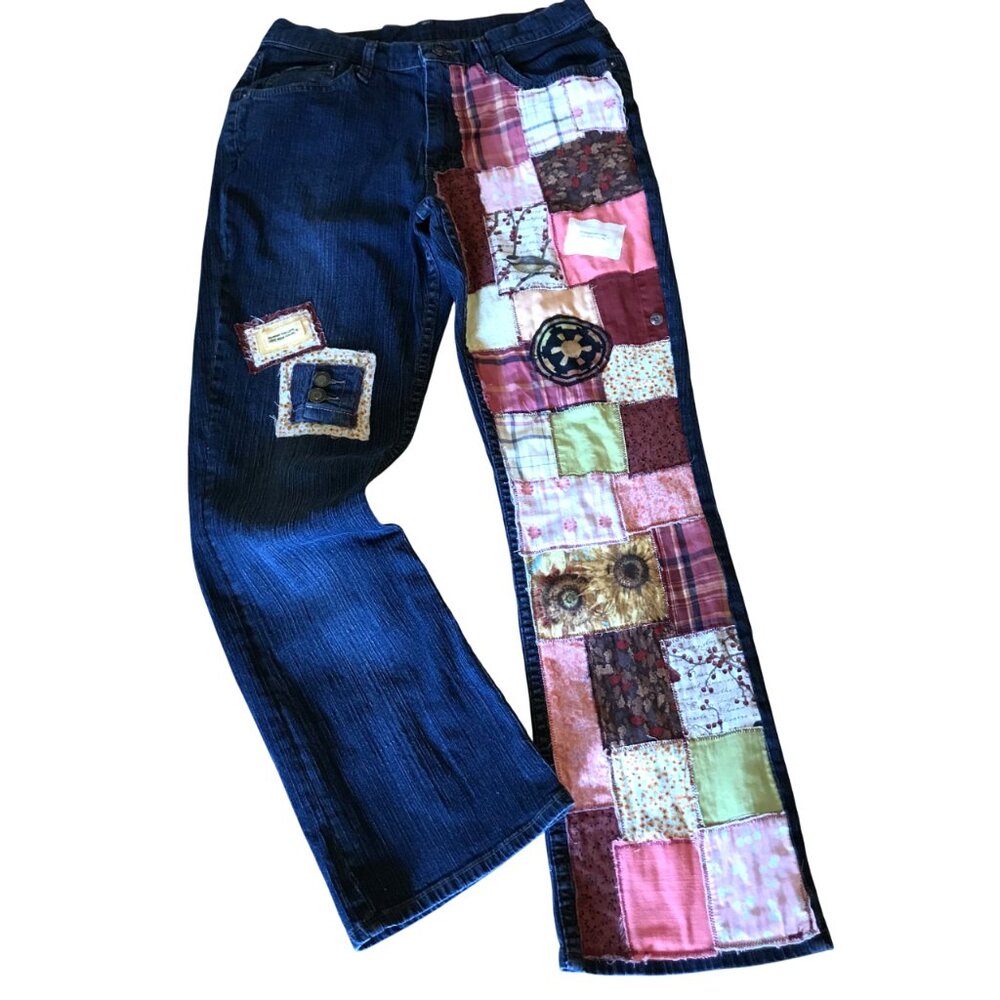 Boho Patch Jeans, Upcycled Distressed Hippie Pants, Artisan Patchwork Size 12 M